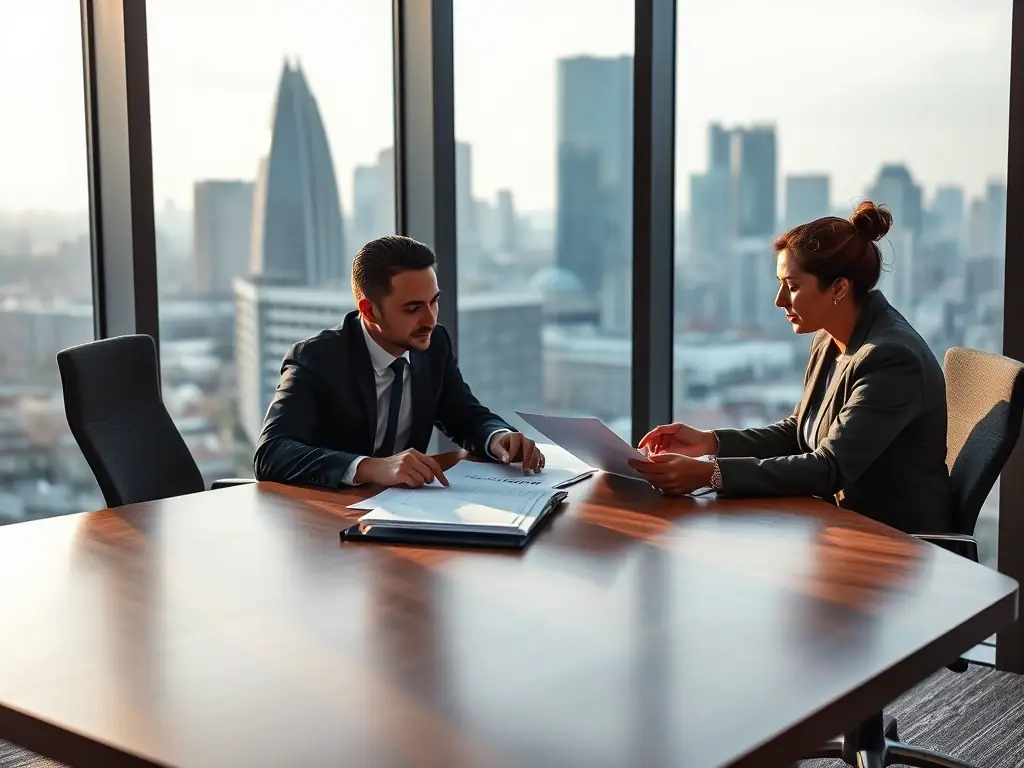 A business coach working with a client in a modern office setting, reviewing business plans and discussing growth strategies, with Johannesburg skyline visible through the window.
