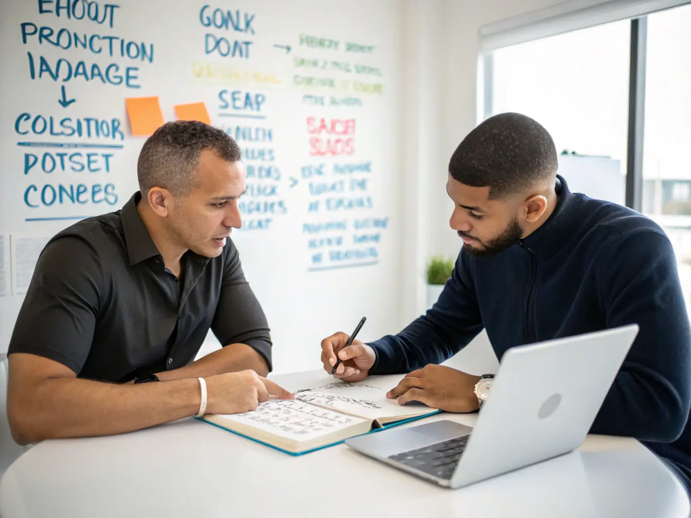 An image of a coach engaging with a client in a modern office setting, with charts and creative brainstorming tools visible, representing the Business Coaching Program.