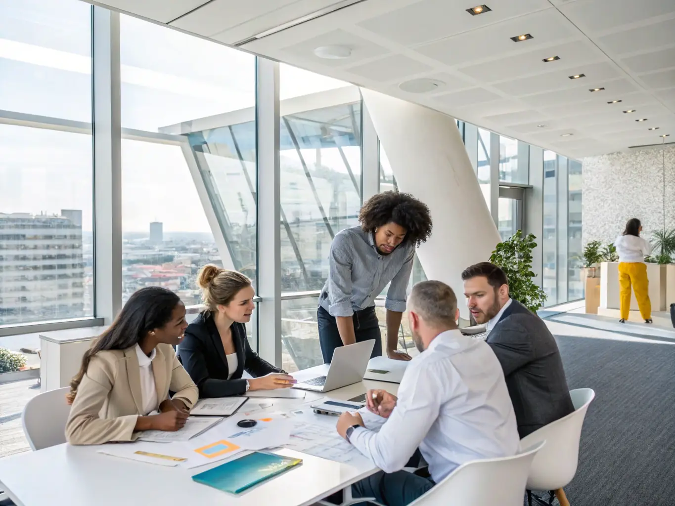 A diverse team of business professionals collaborating in a creative workspace, brainstorming innovative ideas and developing new strategies for business growth in South Africa.