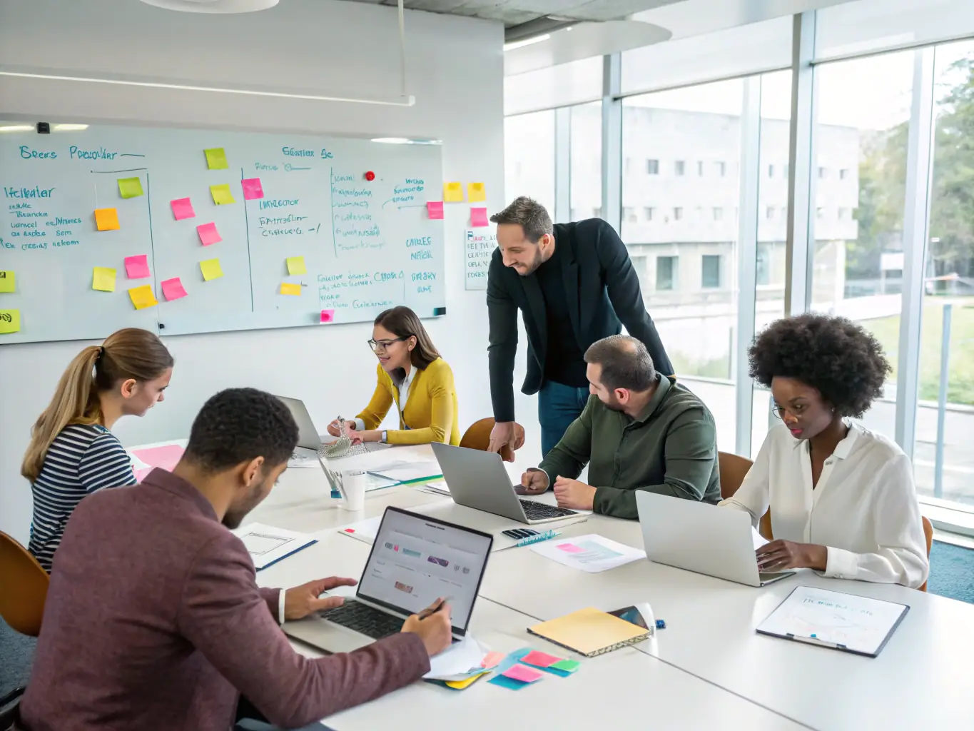 An image of a diverse group of business professionals collaborating around a table, brainstorming ideas and strategies, symbolizing Innovation Workshops.